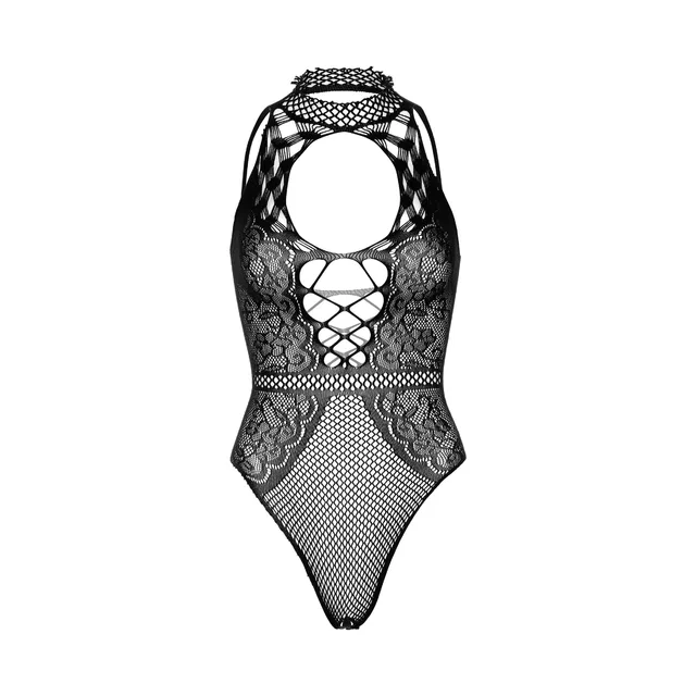 Net and Lace Keyhole Halter Bodysuit